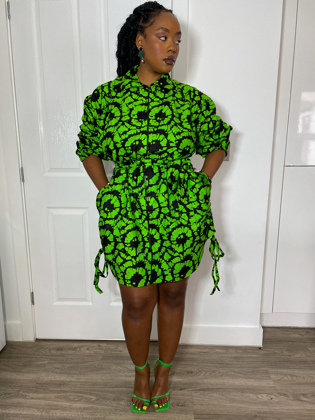 green and black print dress Green And Black Animal Print 2 In 1 Long Sleeve Wrap Midi Dress AX Paris