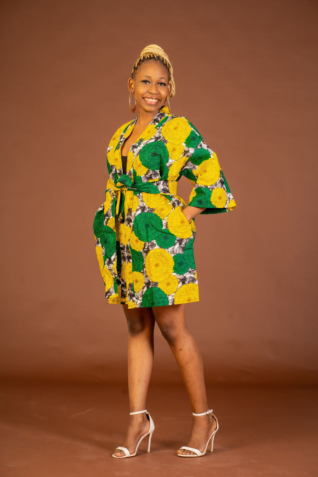 Anthonia Ankara Short Kimono Jacket Yellow and Green African