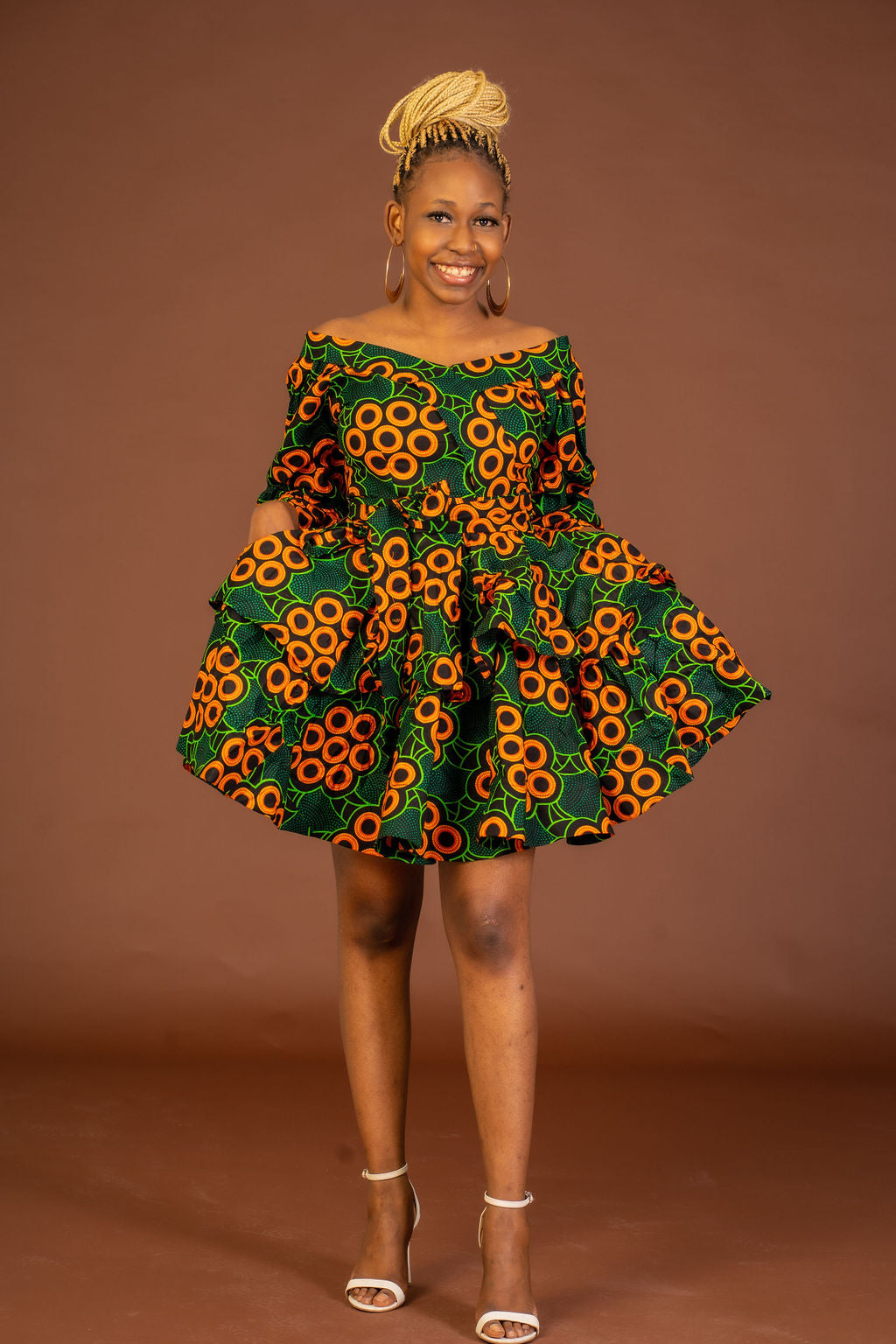 Abigail Ankara Short Midi Flare Dress | Green and Orange African 