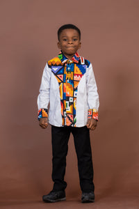 Tobit Mixed Print Boy Shirt | White and African Ankara Print