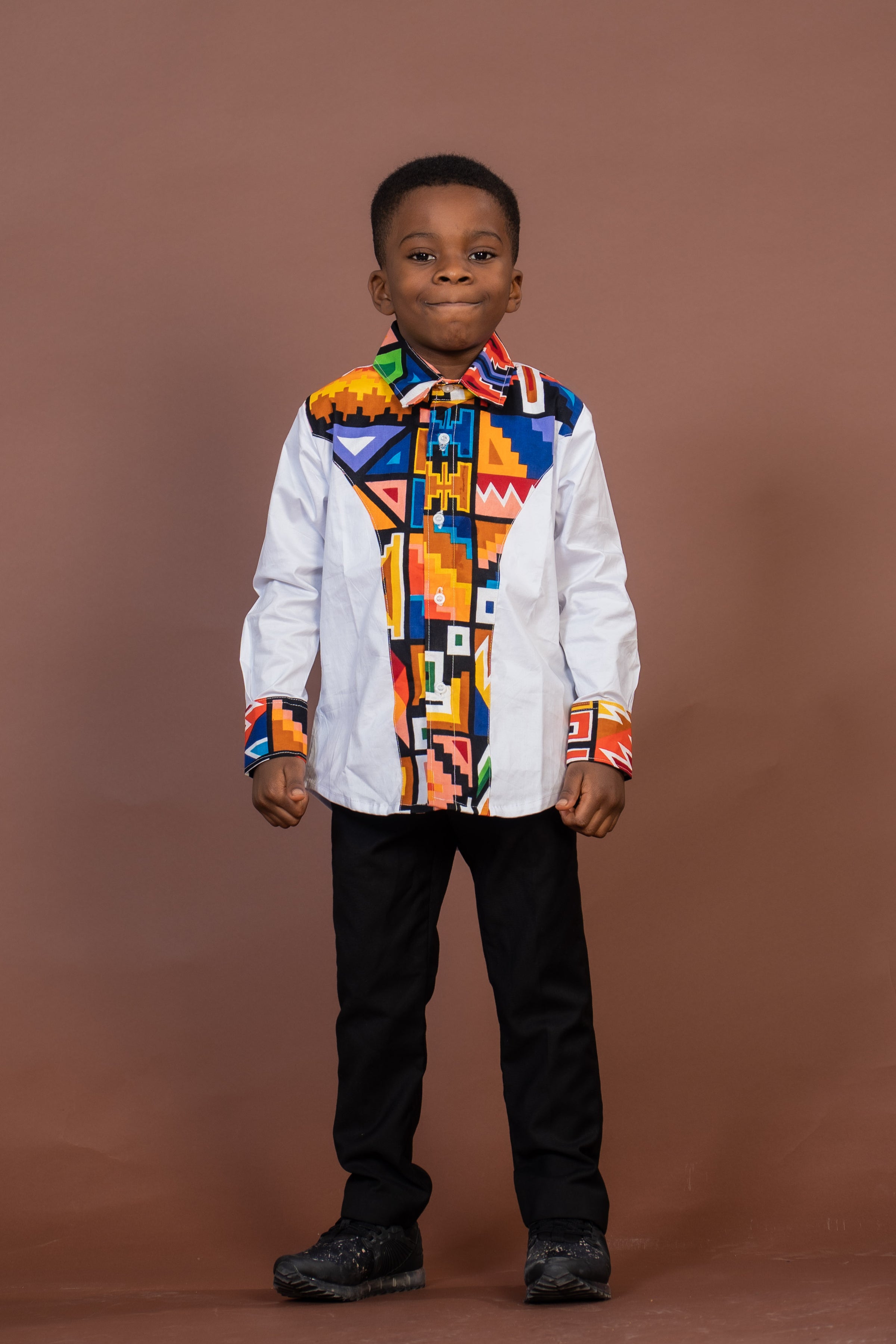 Tobit Mixed Print Boy Shirt | White and African Ankara Print