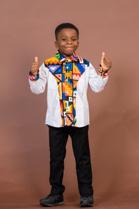Tobit Mixed Print Boy Shirt | White and African Ankara Print