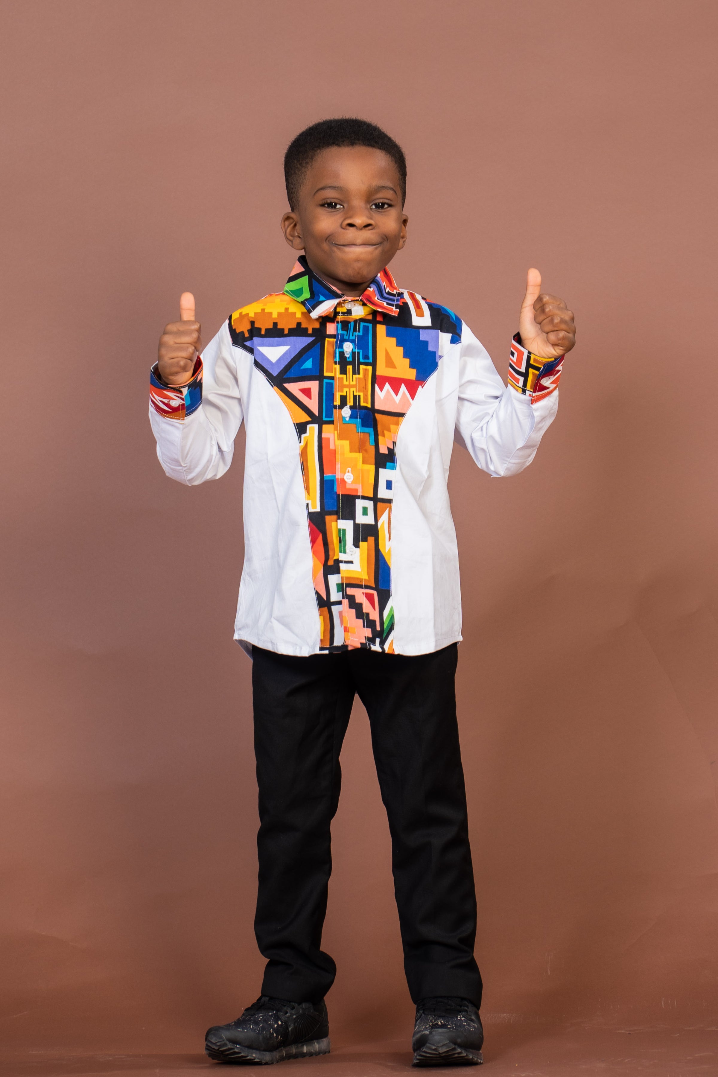 Tobit Mixed Print Boy Shirt | White and African Ankara Print