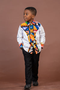Tobit Mixed Print Boy Shirt | White and African Ankara Print