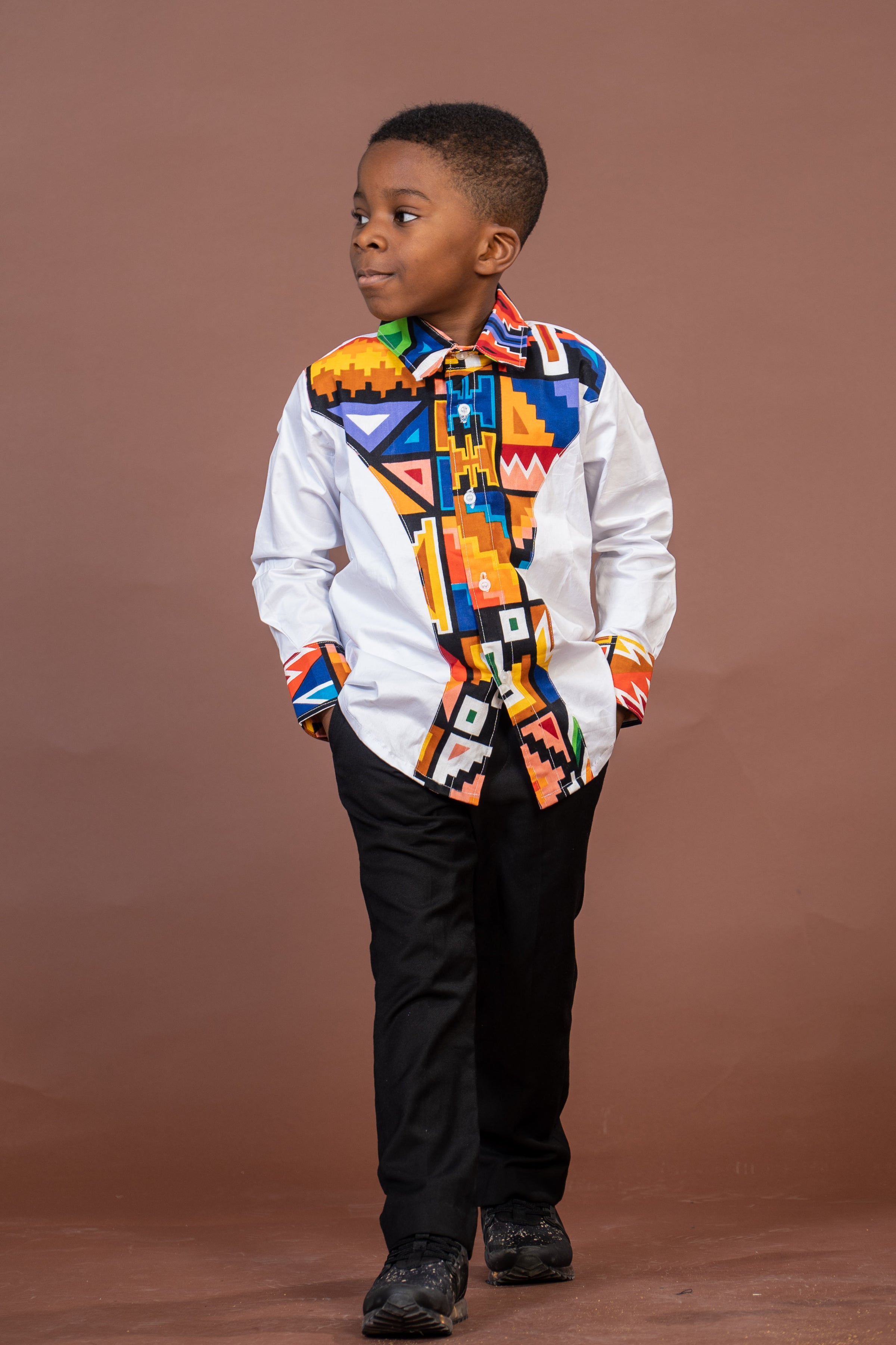 Tobit Mixed Print Boy Shirt | White and African Ankara Print