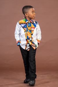 Tobit Mixed Print Boy Shirt | White and African Ankara Print