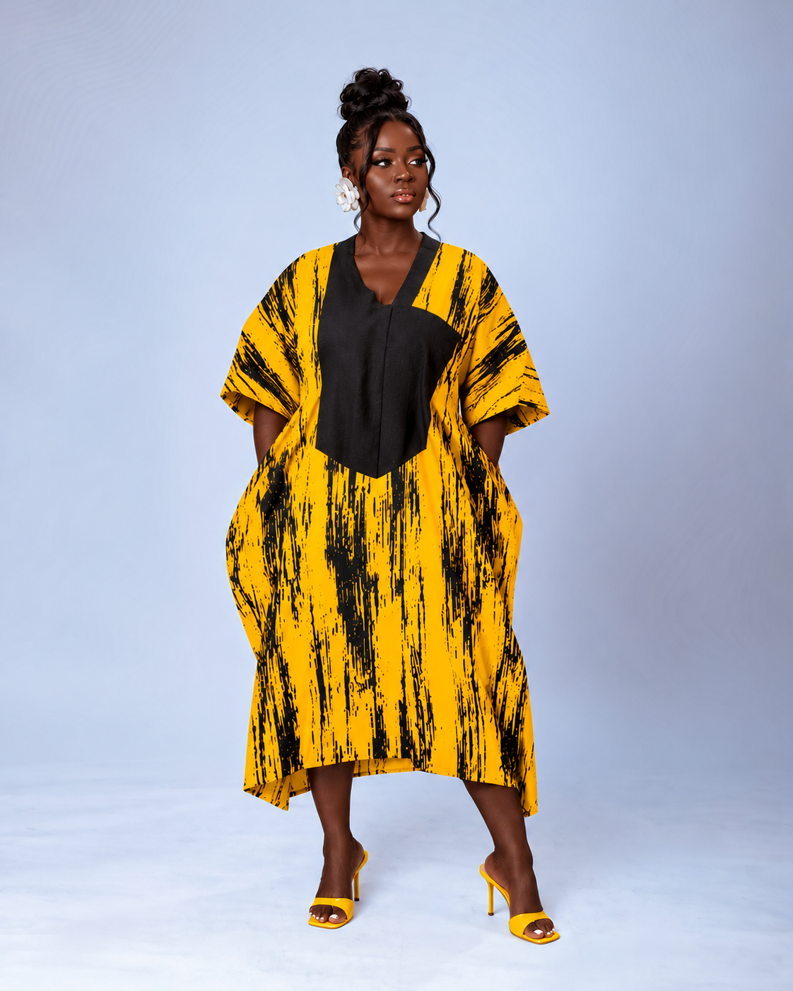 Ella Aso Oke Bubu| yellow and black Print