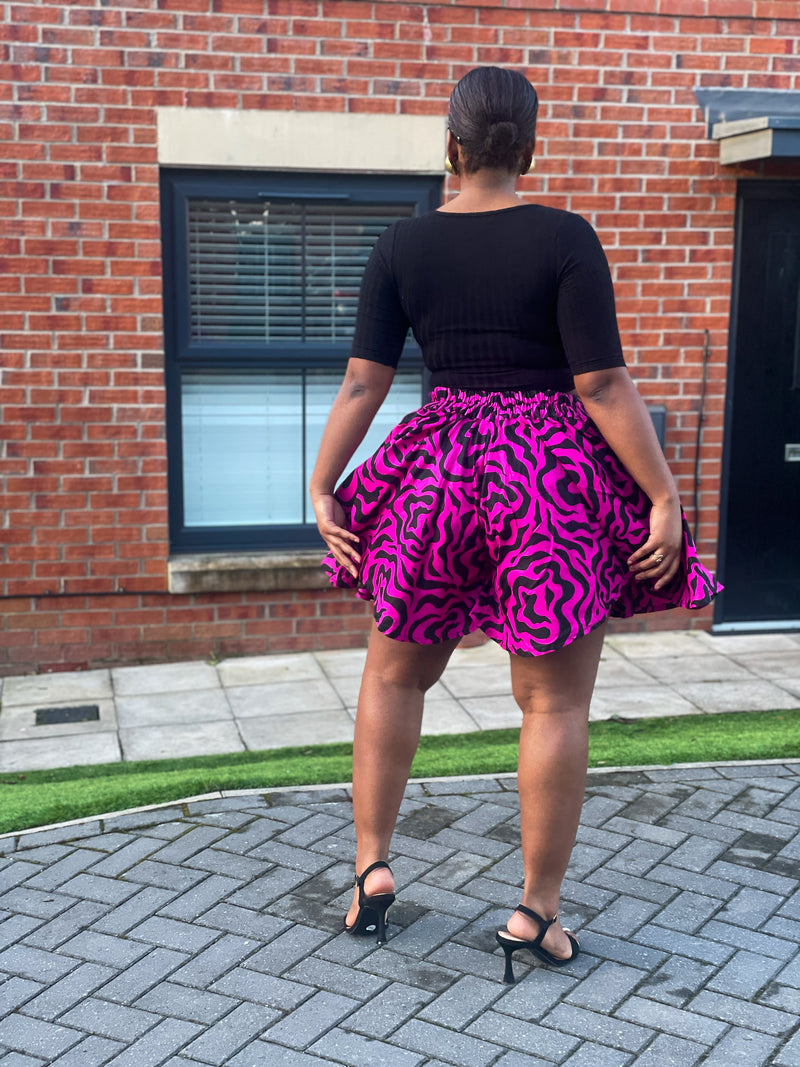 Jolene Ankara High Waisted Flare Short | Pink and Black African Print