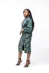 Quinlan Ankara Midi Dress | Green and White African Print