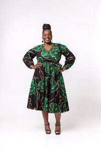 Deja Ankara Midi Dress | Green and Black African Print