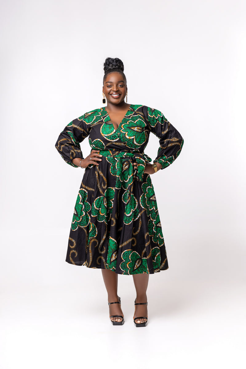Deja Ankara Midi Dress | Green and Black African Print