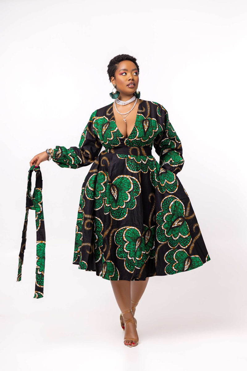 Deja Ankara Midi Dress | Green and Black African Print