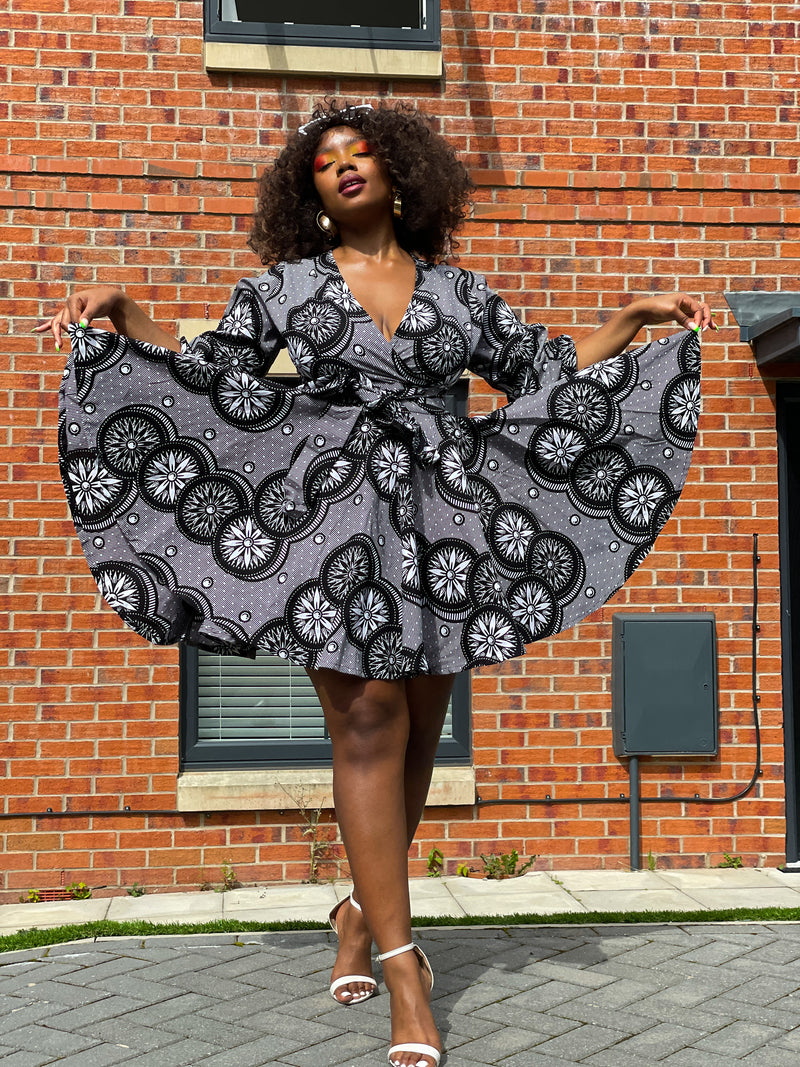 Bala Ankara Mini Short Dress | Black and White African Print