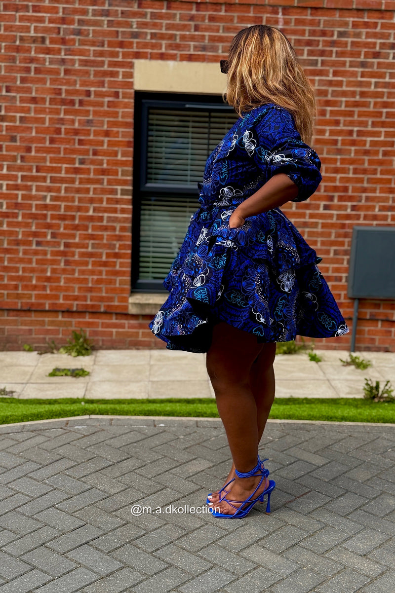Eliyah Ankara Short flare Dress | Blue African Print