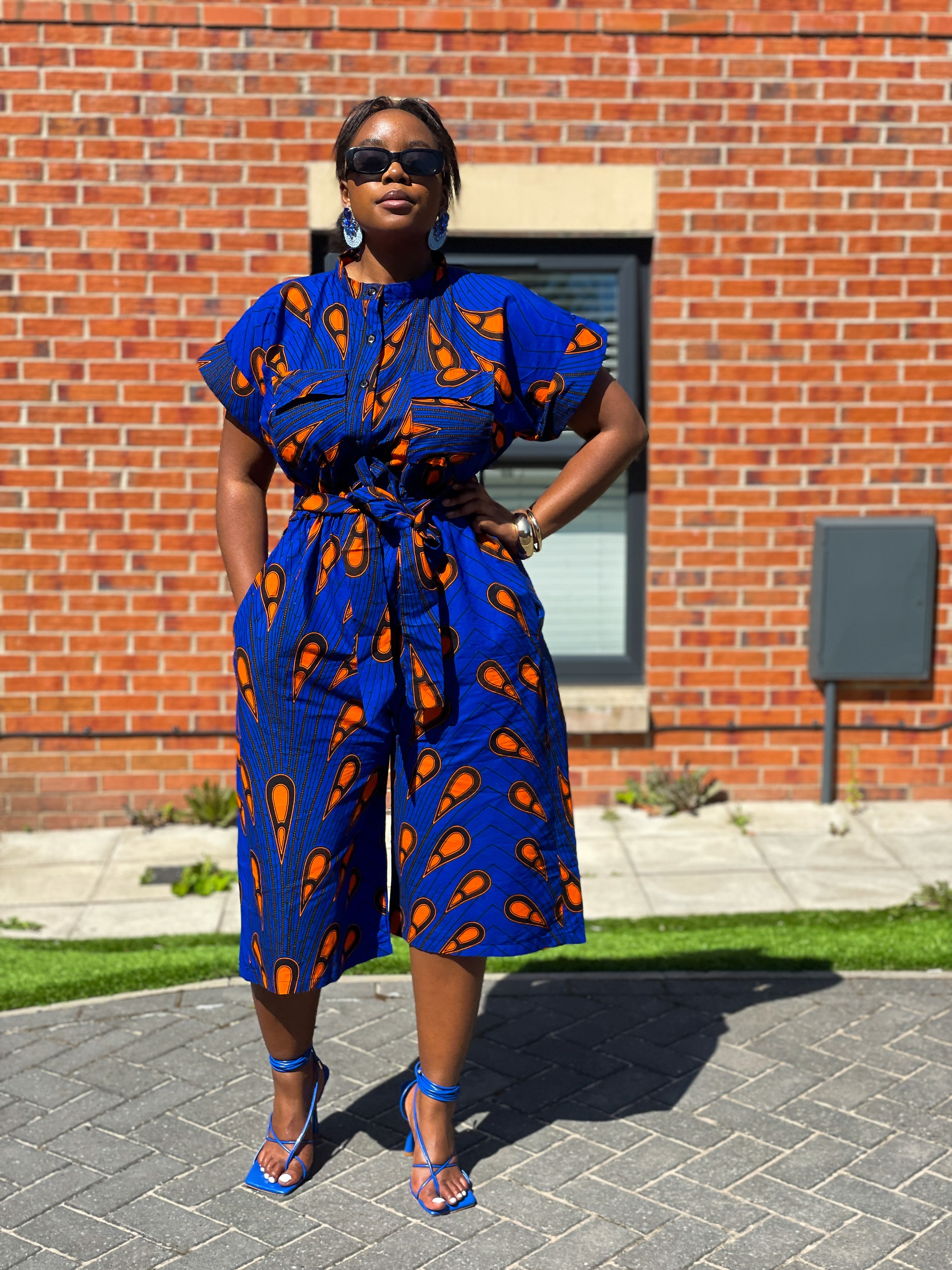 Kiekie Ankara Culotte Jumpsuit Blue and Orange African Print