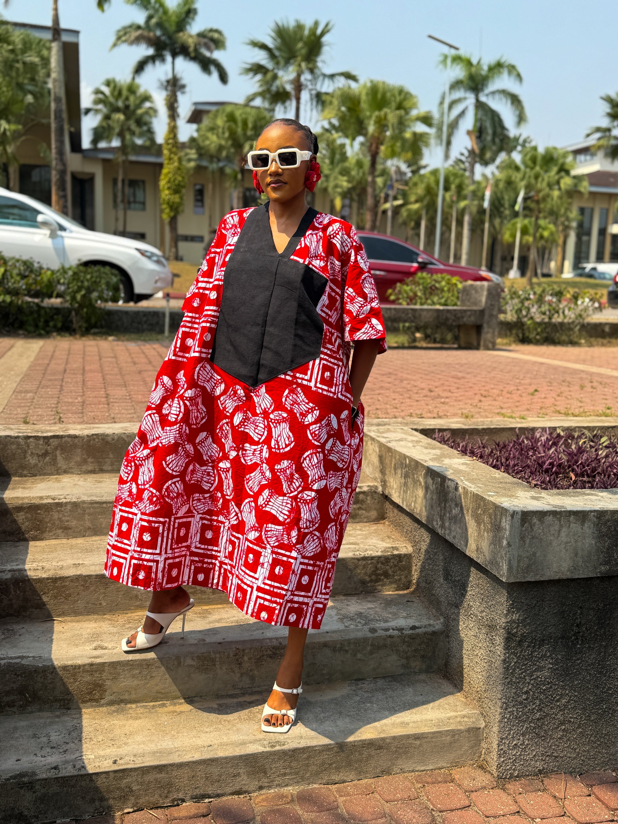 Ese Aso Oke Bubu| Red and White Print