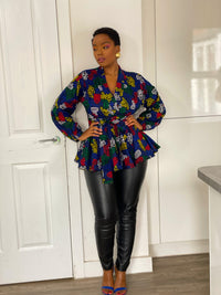 Ciara Ankara Peplum Top | Blue Multicolored African Print