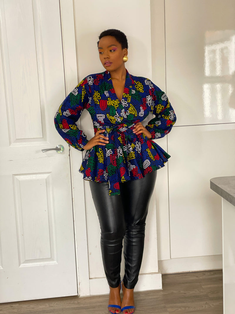 Ciara Ankara Peplum Top | Blue Multicolored African Print