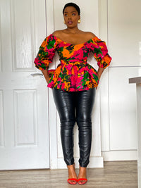Claire Ankara Peplum Top | Pink Multicoloured African Print