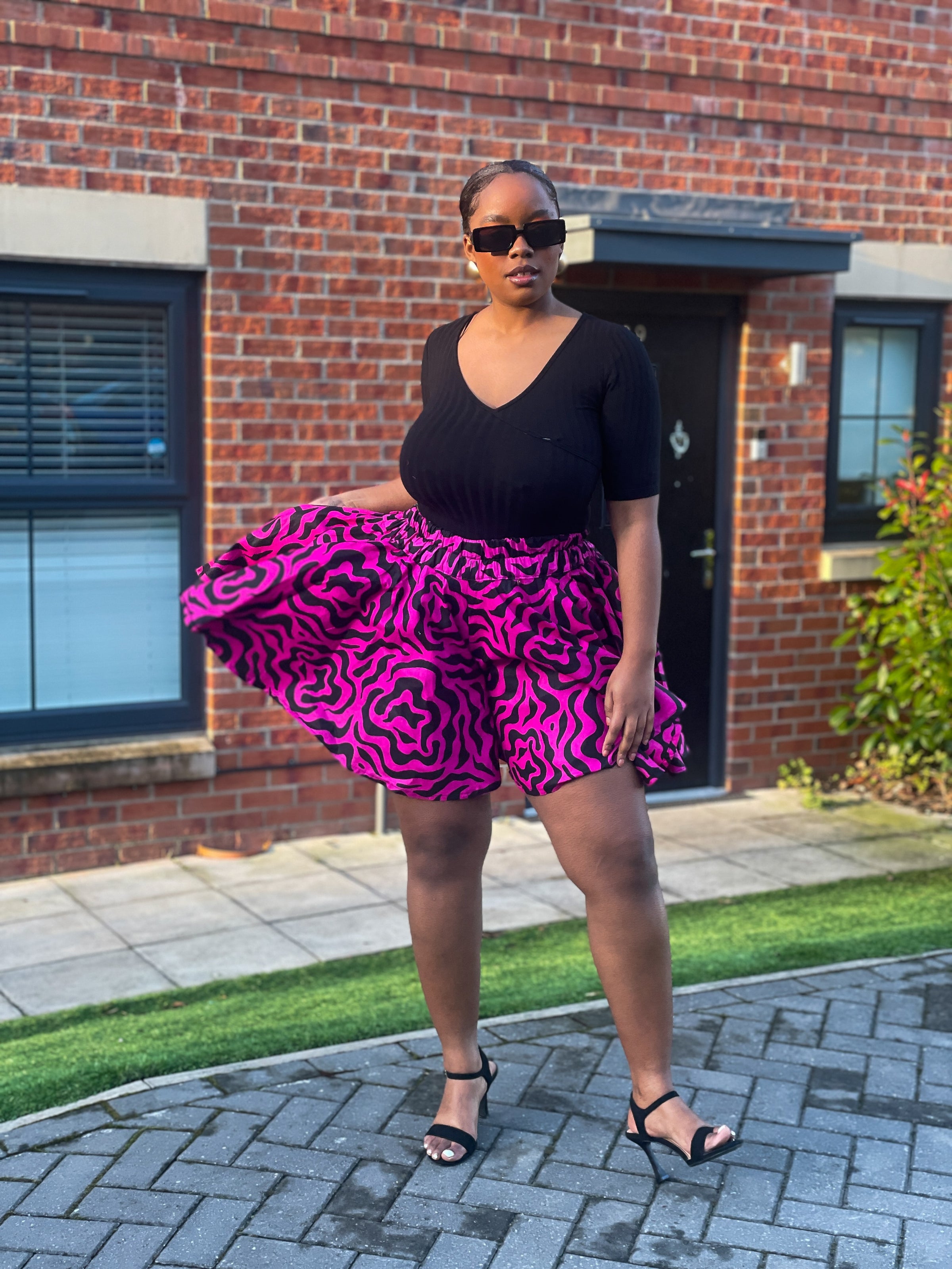 Jolene Ankara High Waisted Flare Short | Pink and Black African Print