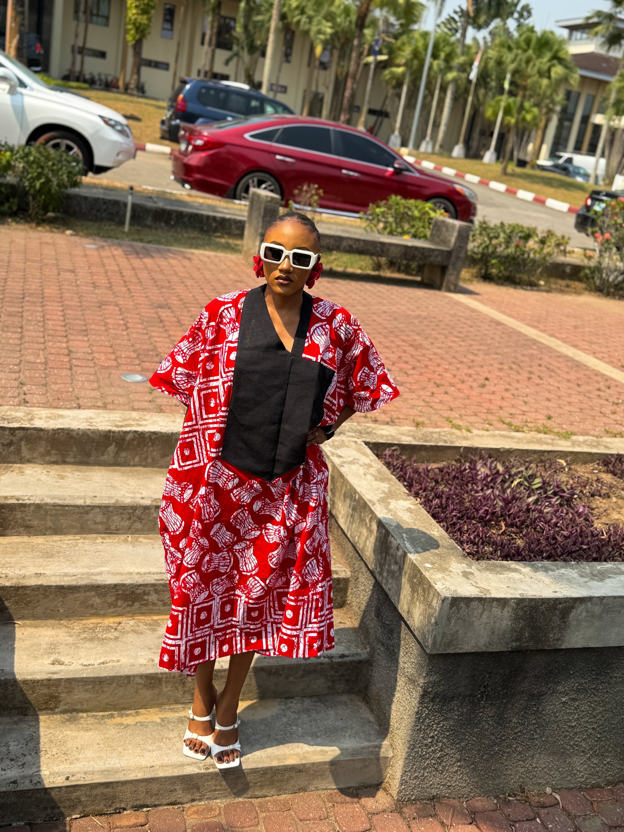 Ese Aso Oke Bubu| Red and White Print