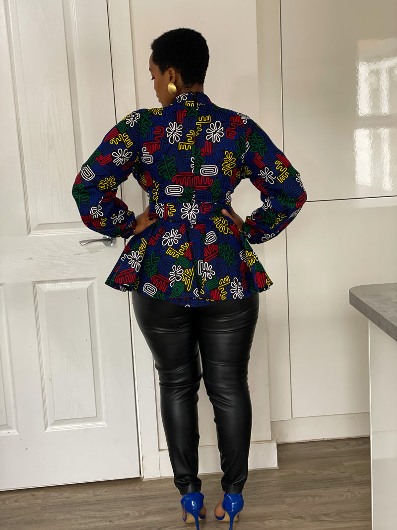 Ciara Ankara Peplum Top | Blue Multicolored African Print
