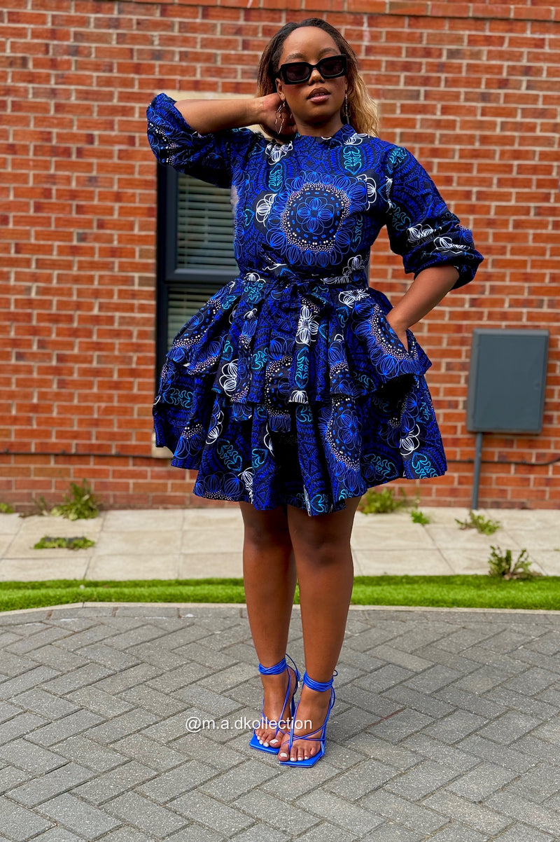 Eliyah Ankara Short flare Dress | Blue African Print