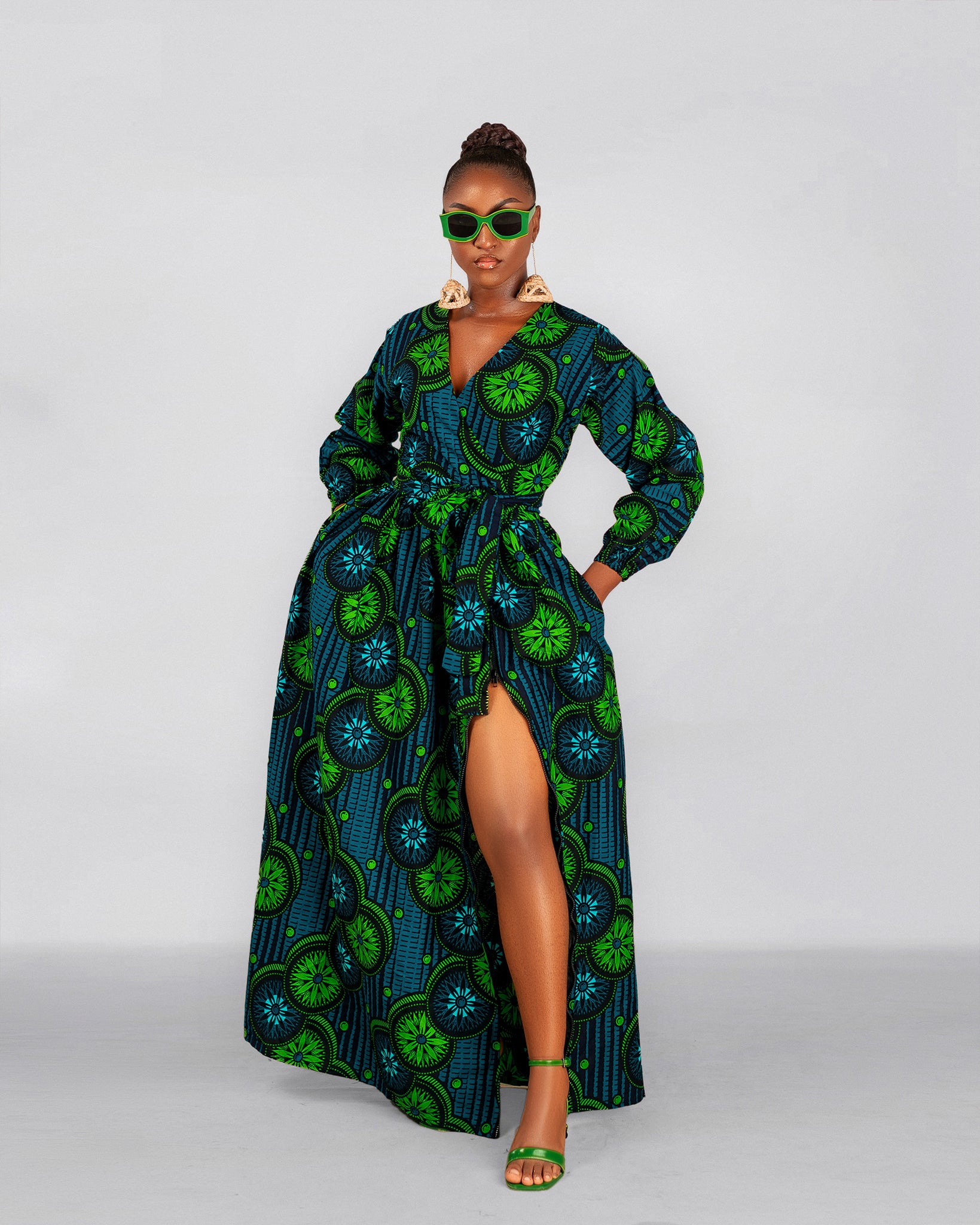 Bibi Ankara Maxi Dress Green African Print UK 6/US