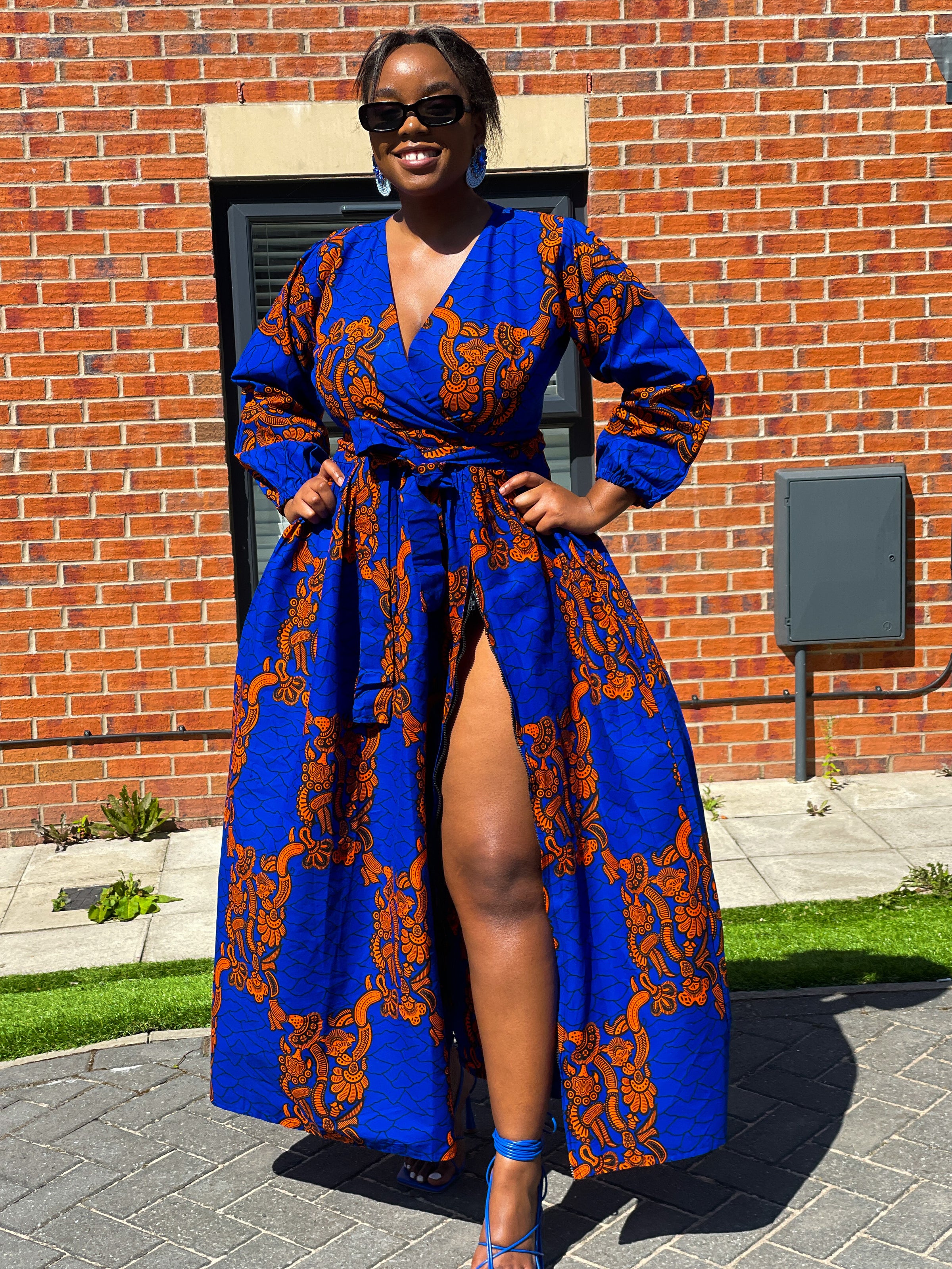 Bekky Ankara Maxi Dress Blue and Orange African Print UK 6/US