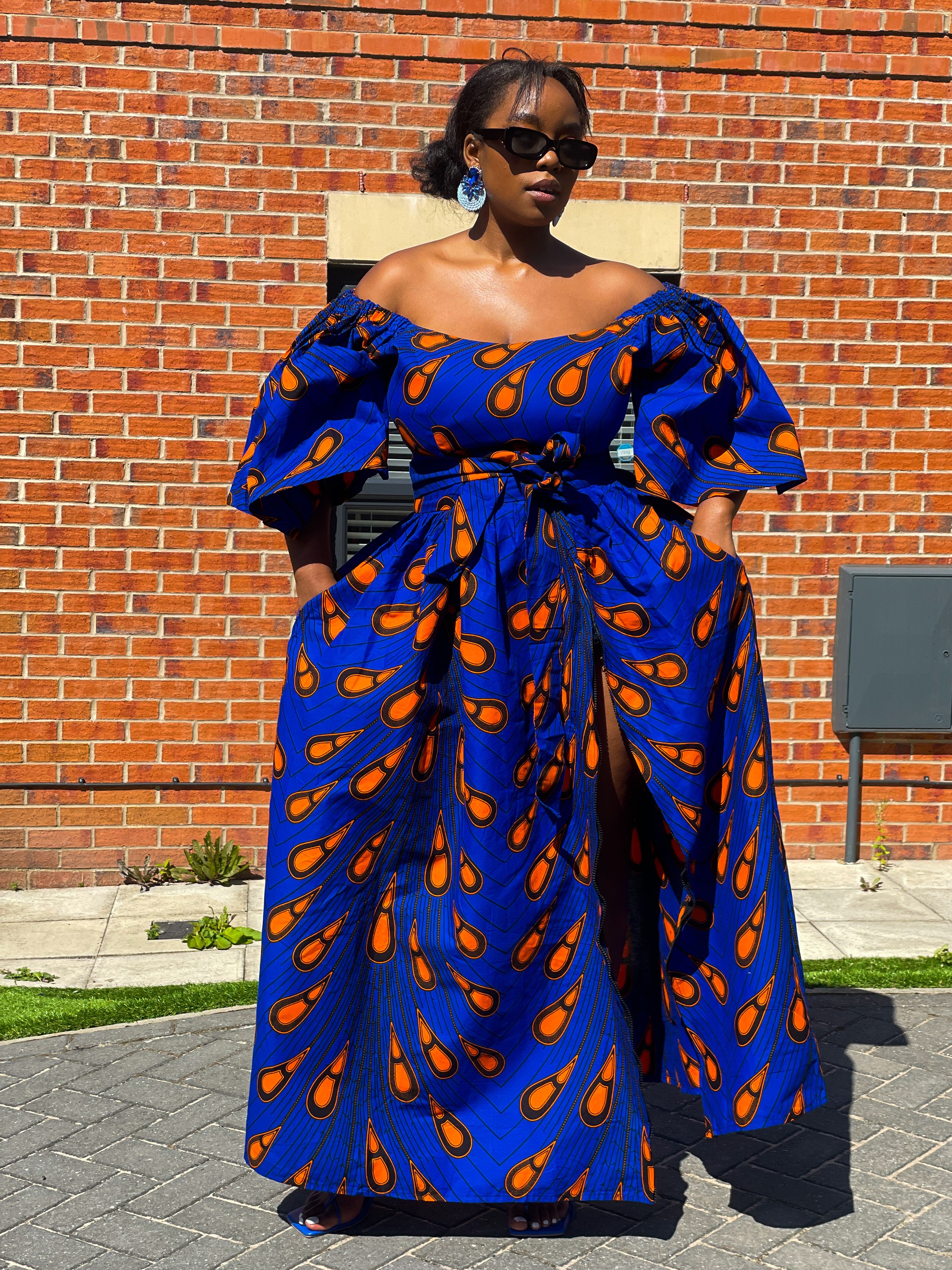 Nimi Ankara Off Shoulder Maxi Dress | Blue and Orange African