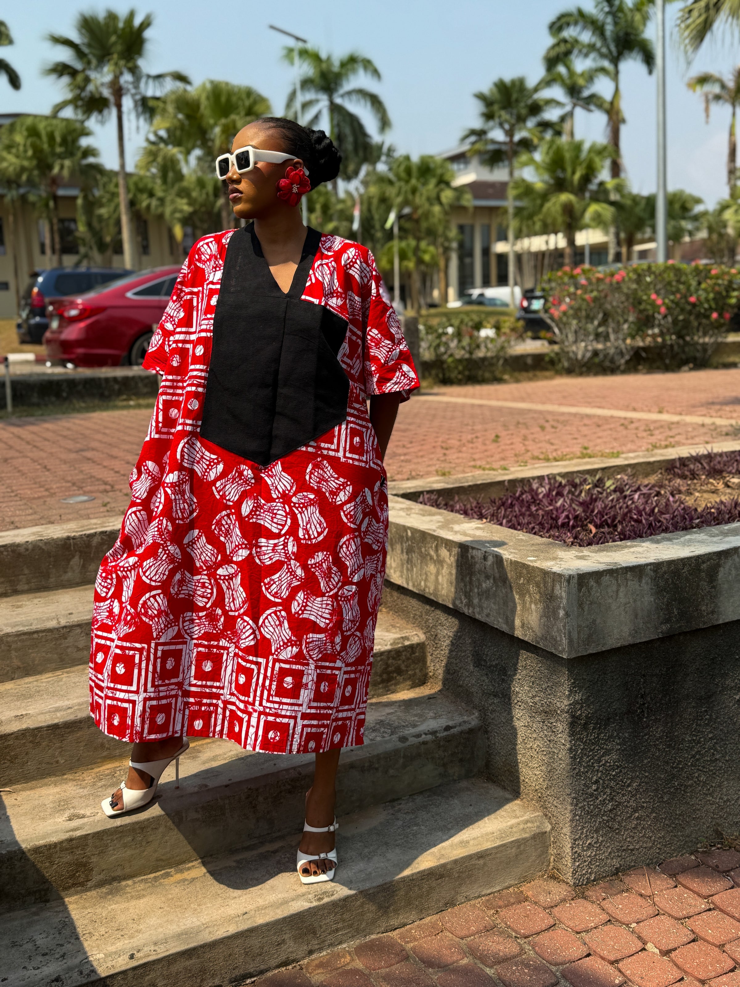 Ese Aso Oke Bubu| Red and White Print