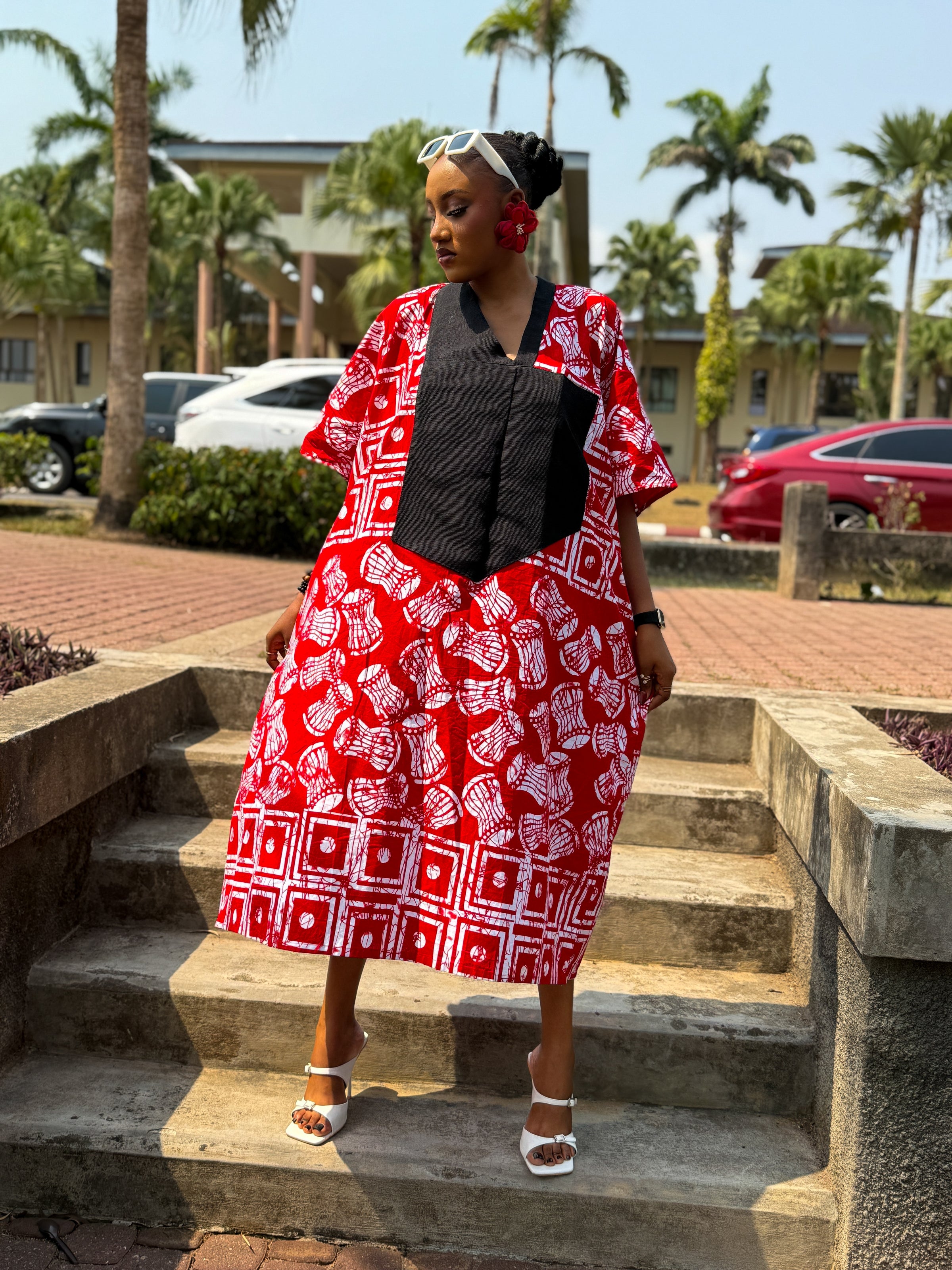 Ese Aso Oke Bubu| Red and White Print