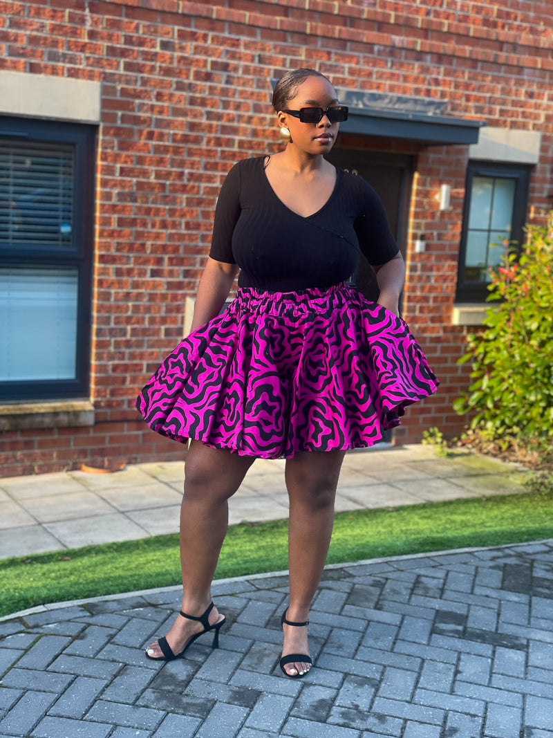 Jolene Ankara High Waisted Flare Short | Pink and Black African Print