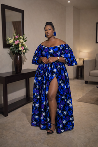 Chisom Ankara Off Shoulder Maxi Dress | Blue and Purple  Multicoloured African Print