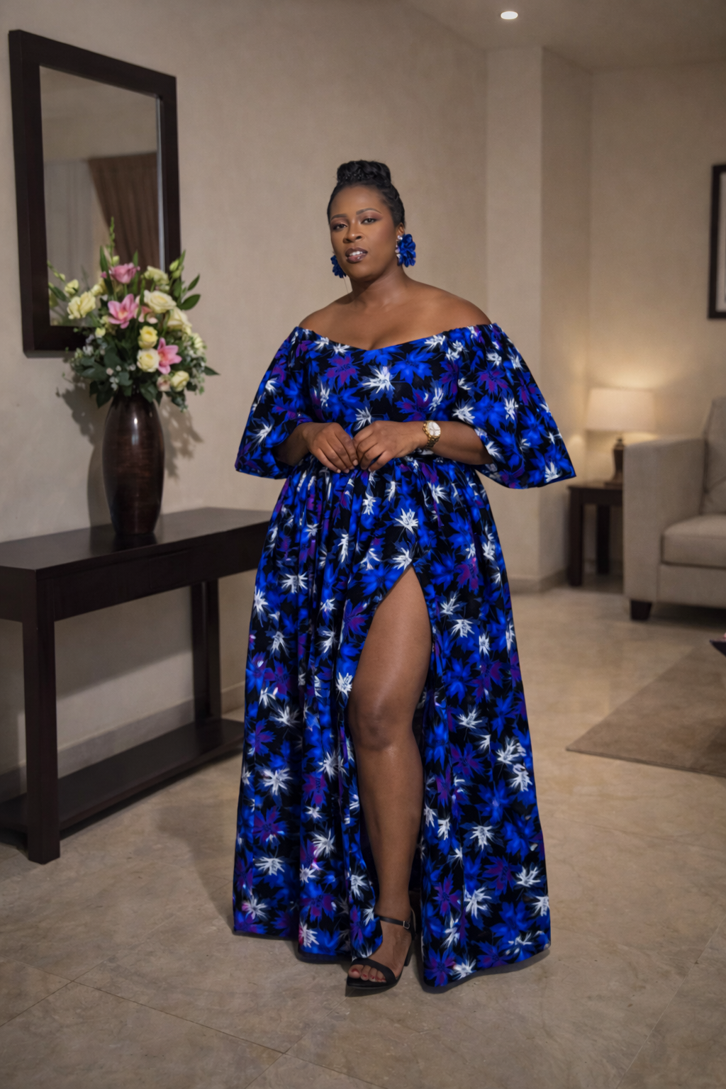 Chisom Ankara Off Shoulder Maxi Dress | Blue and Purple  Multicoloured African Print