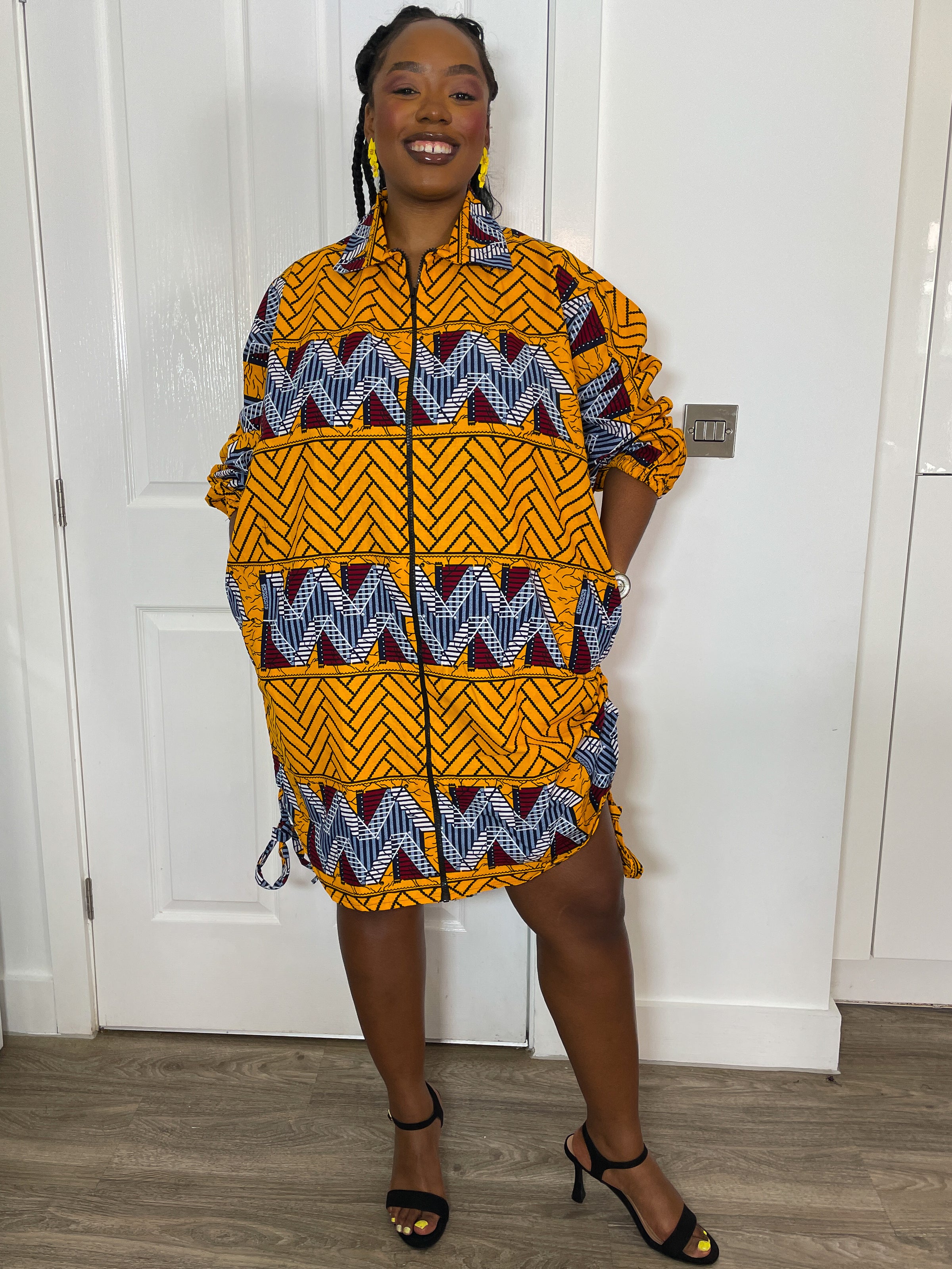 ankara shirt dress African Print Midi Shirt Dress Yellow Ankara Dress