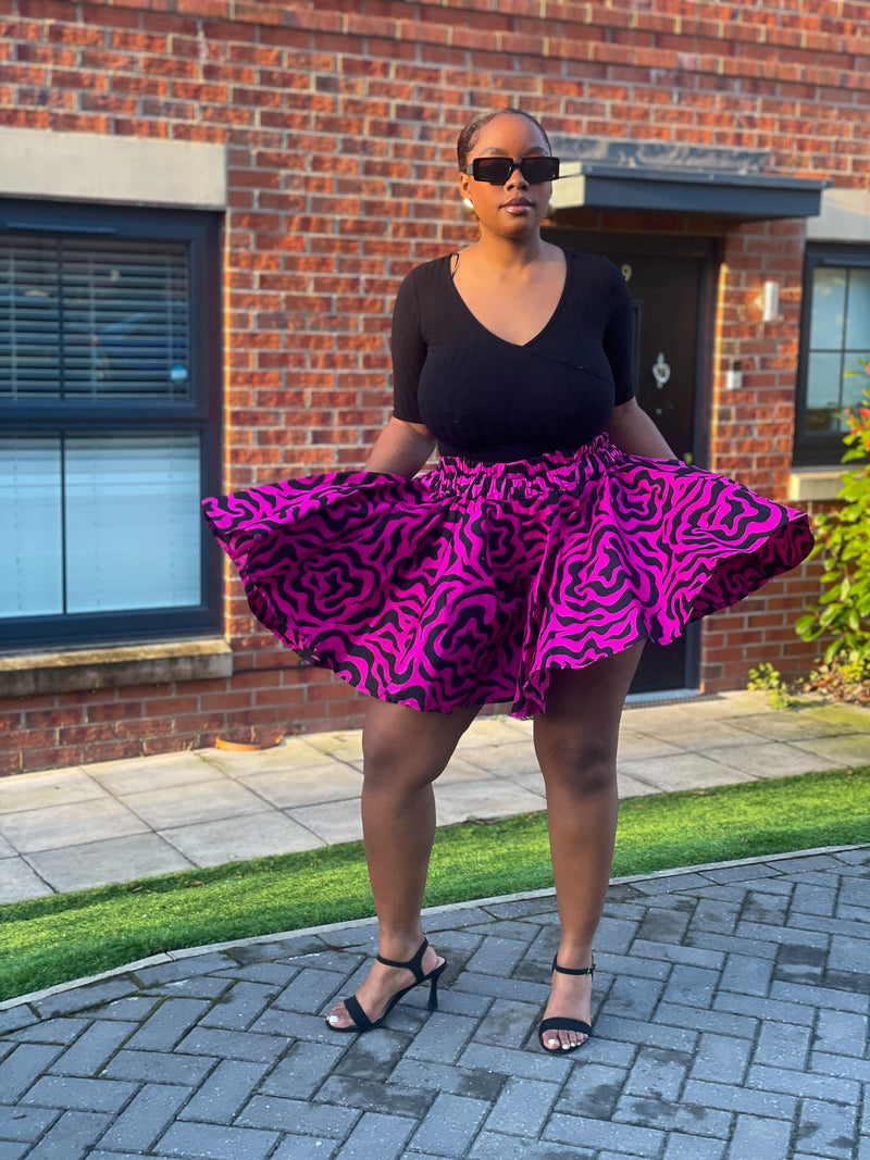 Jolene Ankara High Waisted Flare Short | Pink and Black African Print
