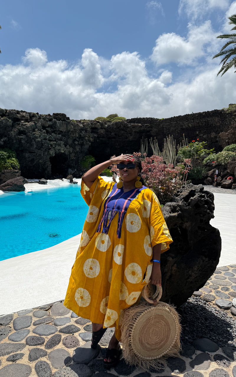 Erin Adire Kaftan Bubu| Yellow and White Adire