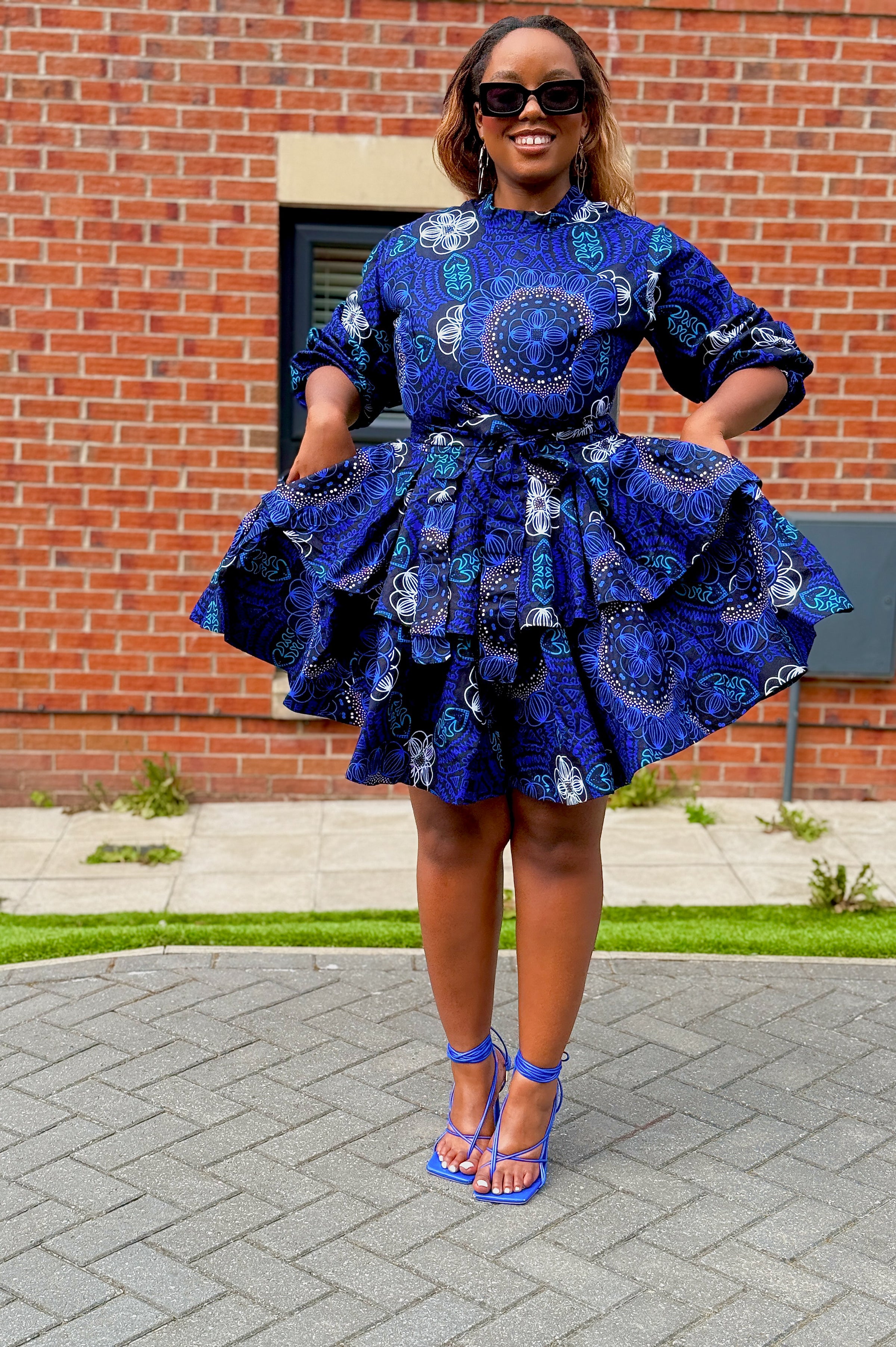 African Short Dresses With Capes Eliyah Ankara Short Flare Dress Blue African Print African Short Dresses With Capes Eliyah Ankara Short Flare Dress Blue African Print