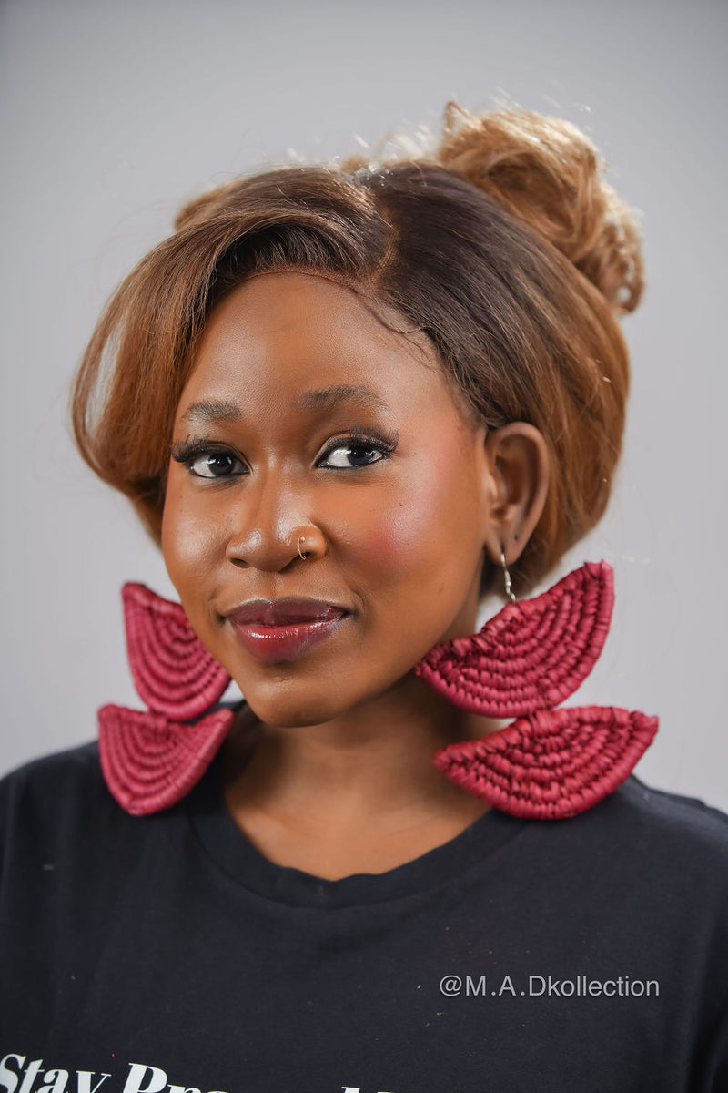 Red Half Circle Rattan Earring | African Rattan