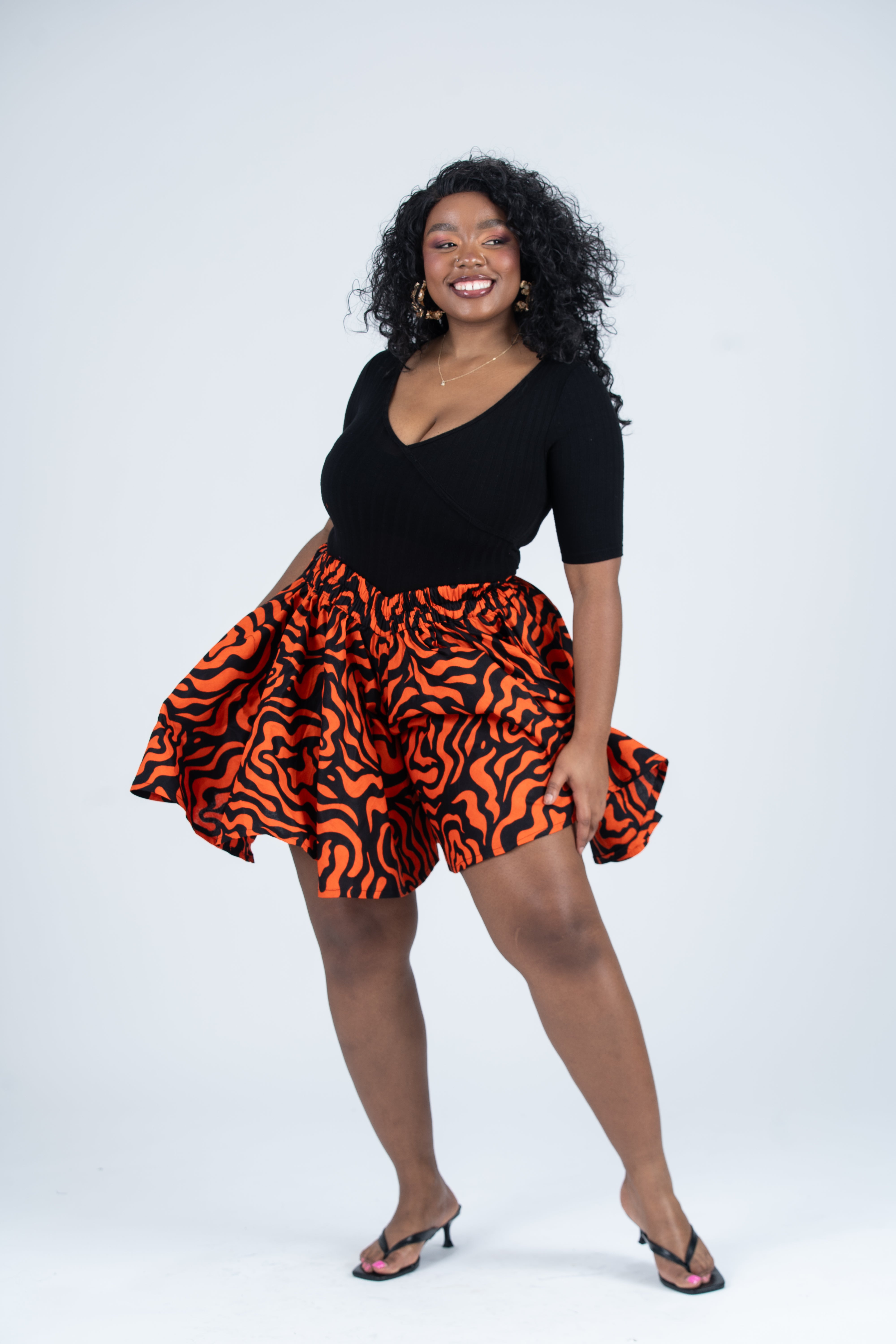 Julie Ankara High Waisted Flare Short | Orange and Black African