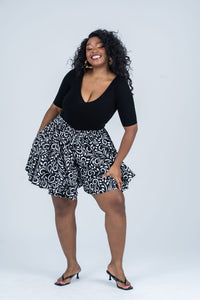 Jayden Ankara High Waisted Flare Short | Black and White African Print