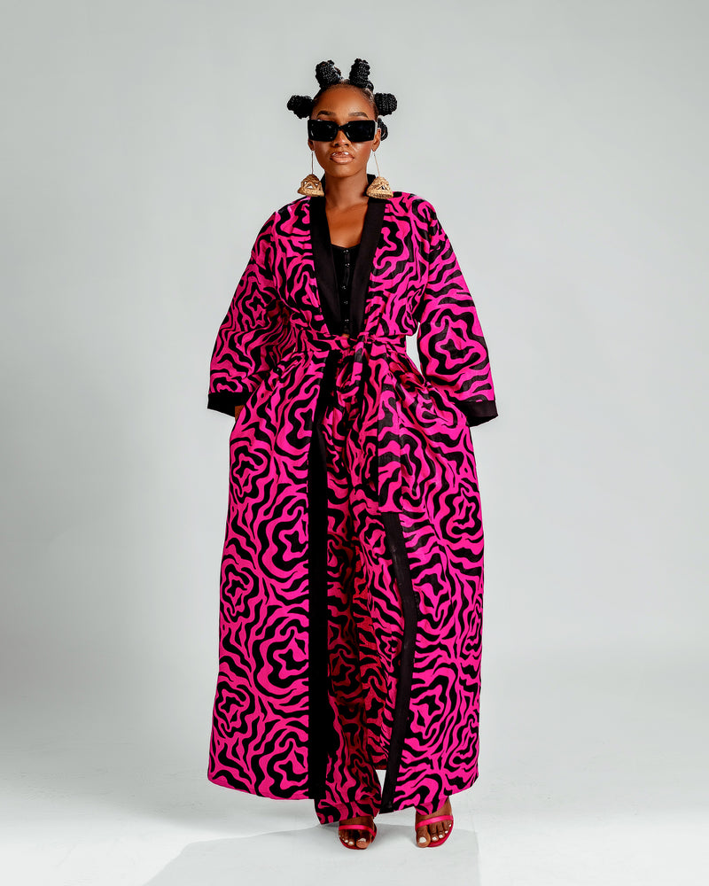 Jolene Long Kimono Jacket | Pink and Black Print