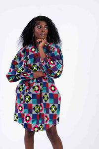 Juanita Ankara Shirt Dress | Blue and Pink Multicolored African Print