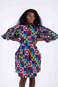 Juanita Ankara Shirt Dress | Blue and Pink Multicolored African Print
