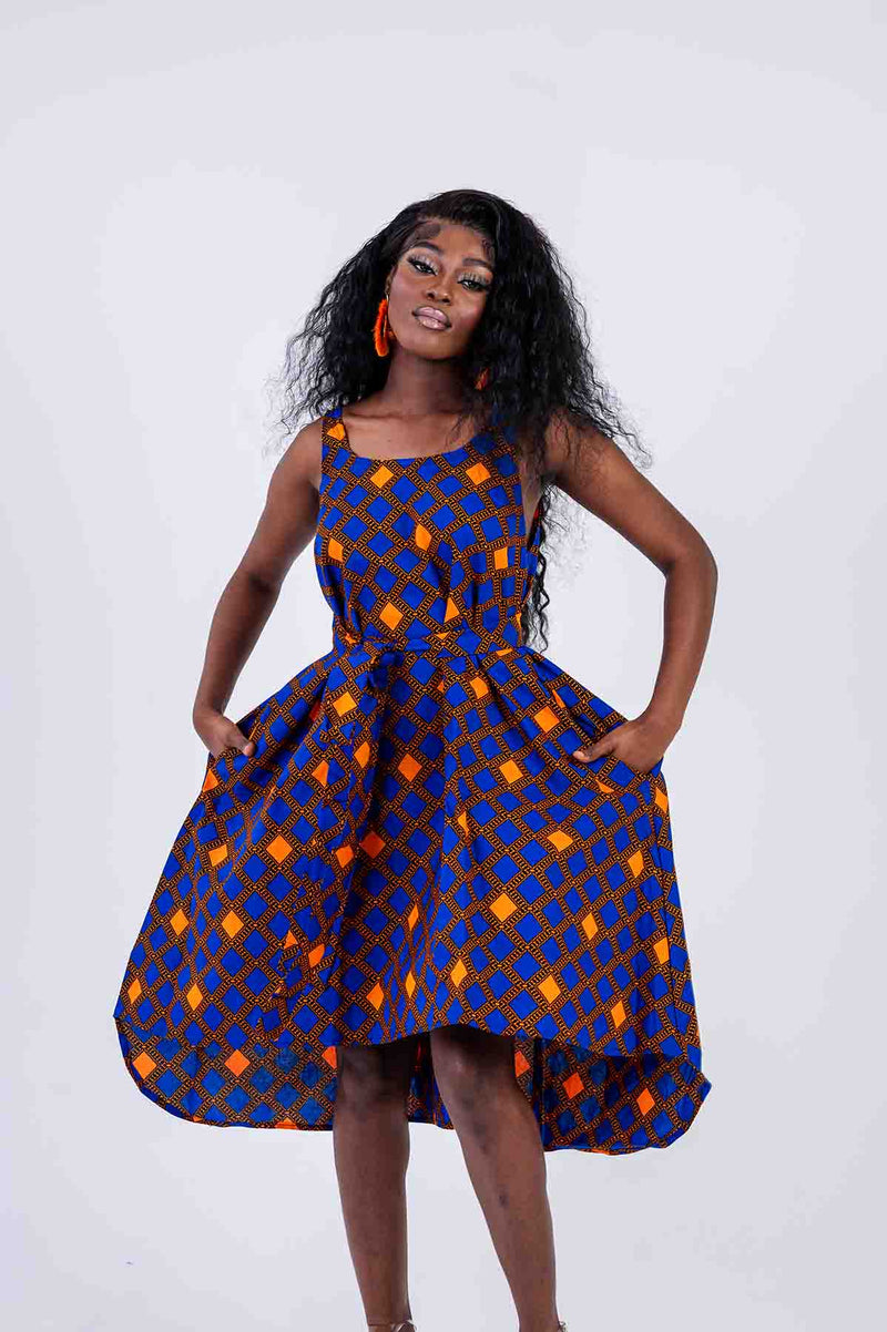 Zazi Ankara Midi dress | Blue and Orange African Print