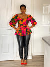 Claire Ankara Peplum Top | Pink Multicoloured African Print
