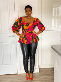 Claire Ankara Peplum Top | Pink Multicoloured African Print