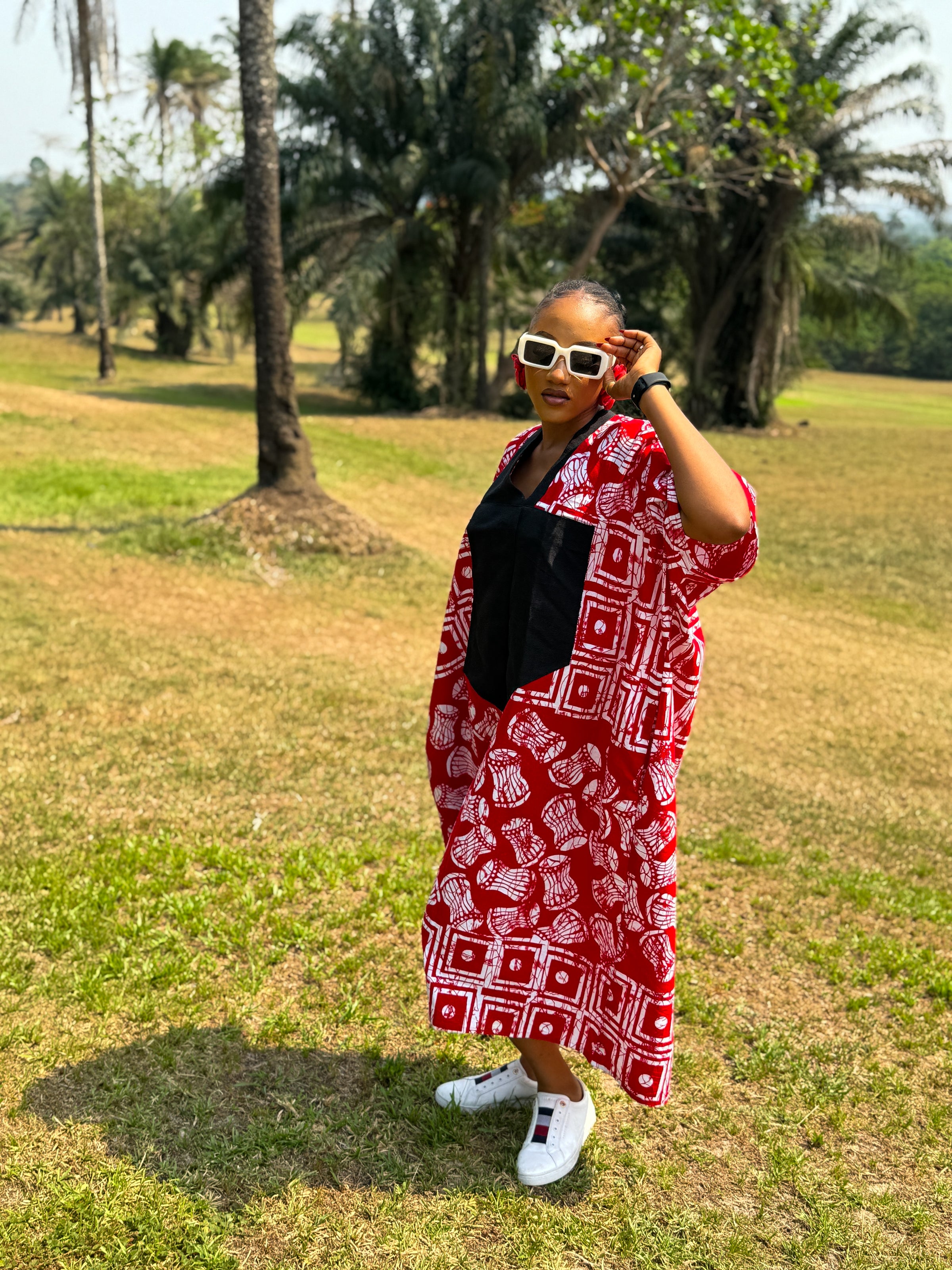 Ese Aso Oke Bubu| Red and White Print