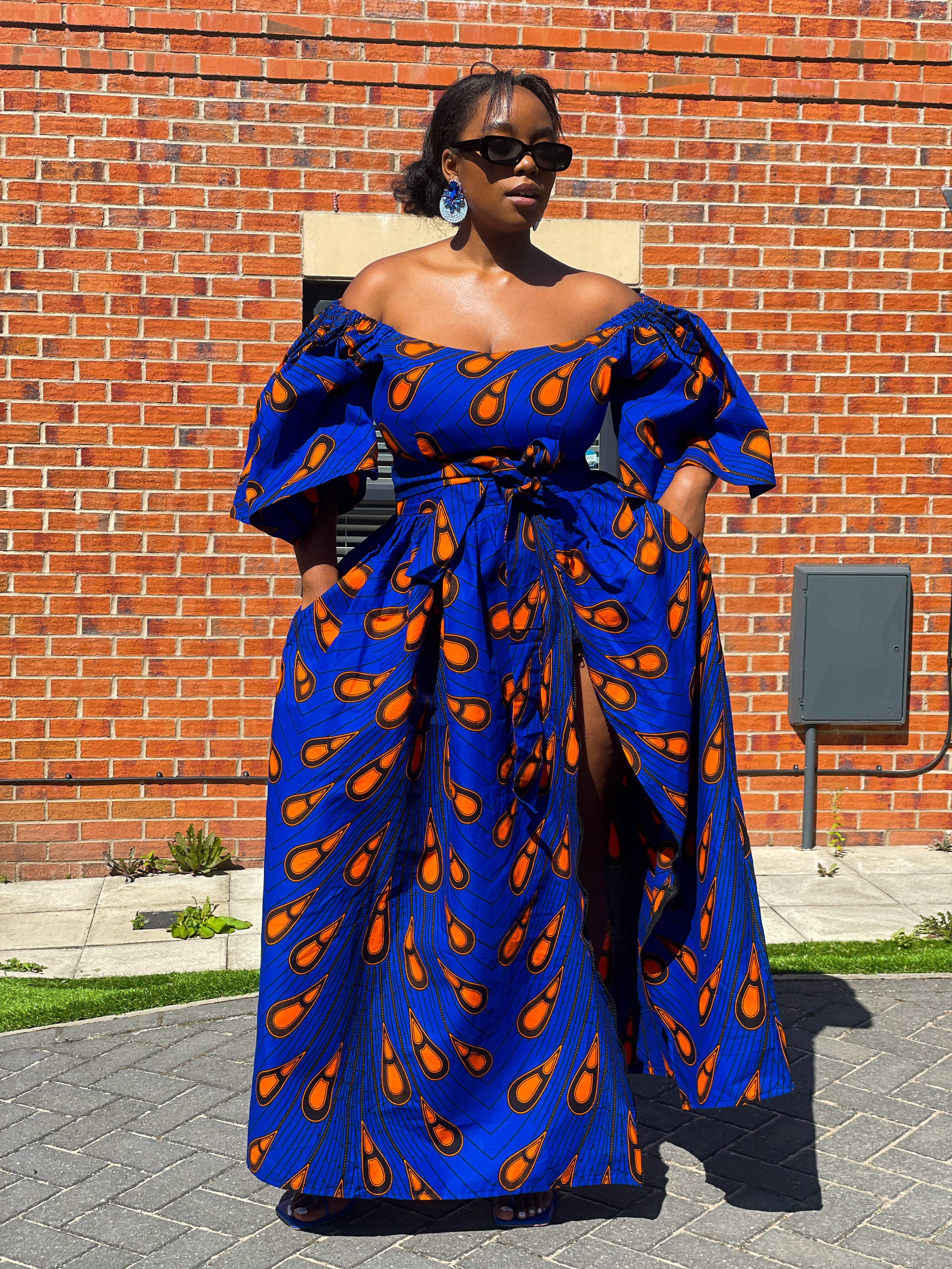 Nimi Ankara Off Shoulder Maxi Dress | Blue and Orange African Print M.A.DKollection Nimi Ankara Off Shoulder Maxi Dress | Blue and Orange African Print M.A.DKollection